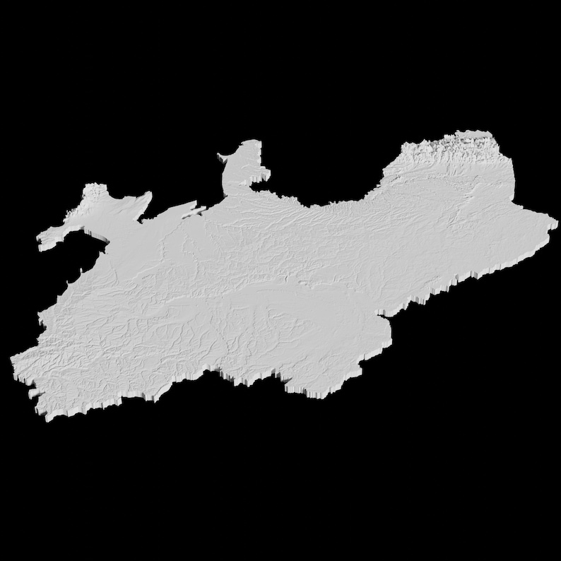 K&ouml;nnte beinhalten: Eine 3D-Darstellung einer grauen Karte einer Region, m&ouml;glicherweise eines Landes oder eines Bundesstaates, mit detaillierter Topografie und H&ouml;hen&auml;nderungen.