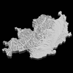 May include: A 3D rendering of a mountainous region, depicted in a white, grayscale color scheme against a black background. The terrain is detailed with peaks, valleys, and ridges, creating a realistic representation of a mountainous landscape.