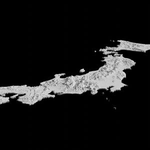 May include: A 3D rendering of the Japanese archipelago, showing the mountainous terrain in white against a black background.