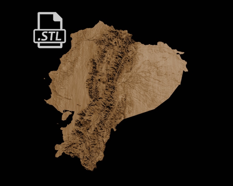 May include: A 3D model of Ecuador, a South American country, rendered in a brown color. The model shows the country's topography, with mountains and valleys clearly visible. The model is in STL format, a common file format for 3D printing.