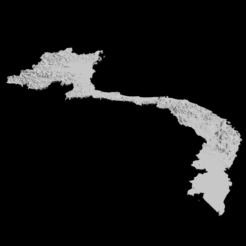 Puede incluir: Un mapa 3D de Vietnam, que muestra el terreno monta&ntilde;oso y la costa del pa&iacute;s. El mapa est&aacute; renderizado en tonos de gris sobre un fondo negro.