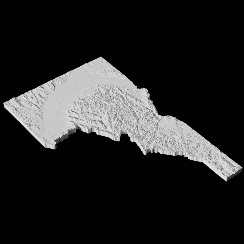Puede incluir: Un mapa en relieve 3D del estado de Maryland, que muestra la topograf&iacute;a del estado. El mapa es blanco y se coloca sobre un fondo negro.