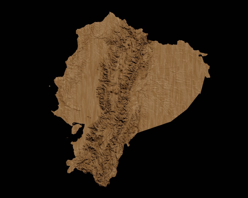 May include: A wood-textured map of Ecuador, showing the country's geographical features.