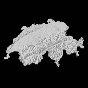 May include: A 3D topographical map of Switzerland, showing the country's mountainous terrain in white against a black background.