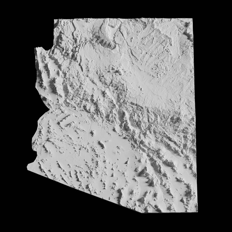 Pu&ograve; includere: Una mappa topografica 3D dell'Arizona, che mostra il terreno variegato dello stato, comprese montagne, valli e deserti.