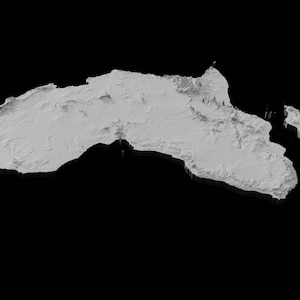 May include: A 3D rendering of the continent of Africa, shown in a light gray color against a black background.