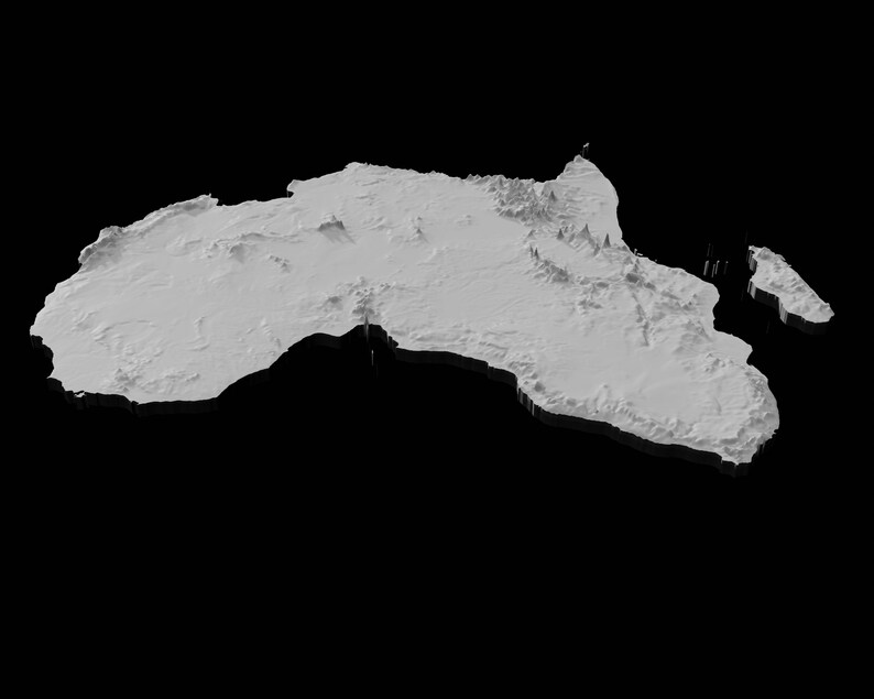 May include: A 3D rendering of the continent of Africa, shown in a light gray color against a black background.