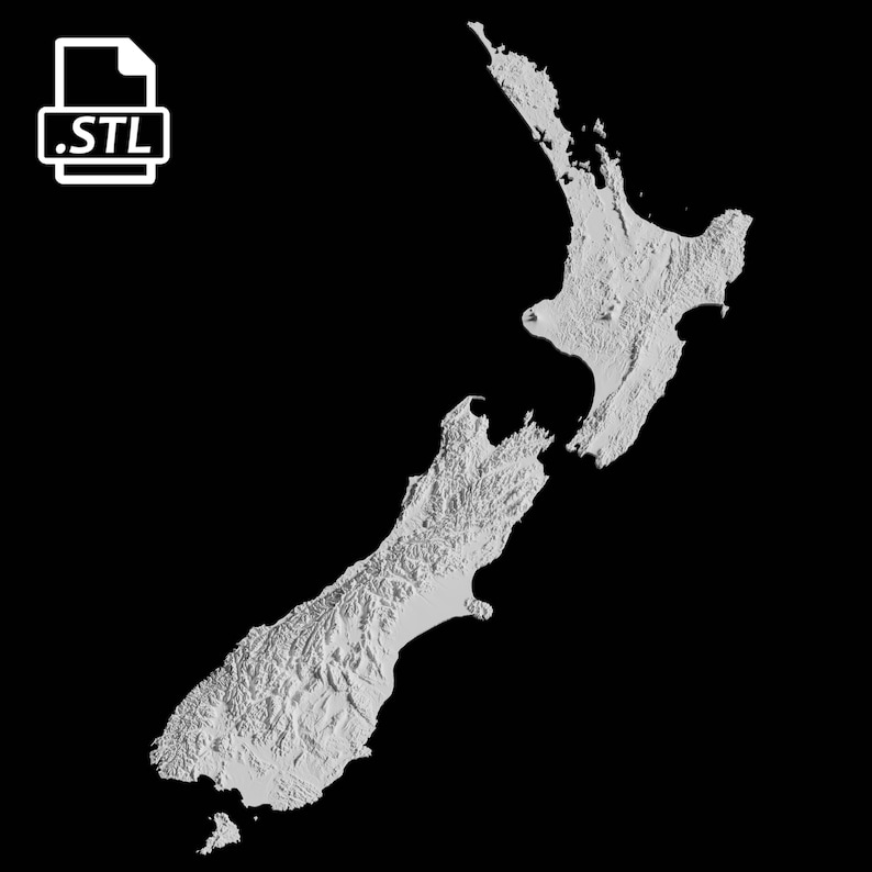 May include: A 3D model of New Zealand, rendered in white on a black background. The model shows the country's two main islands, North Island and South Island, and the surrounding coastline. The model is in STL format, a common file format for 3D printing.