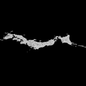 May include: A white, abstract, organic shape resembling a coastline or a flowing river. The shape is against a black background.