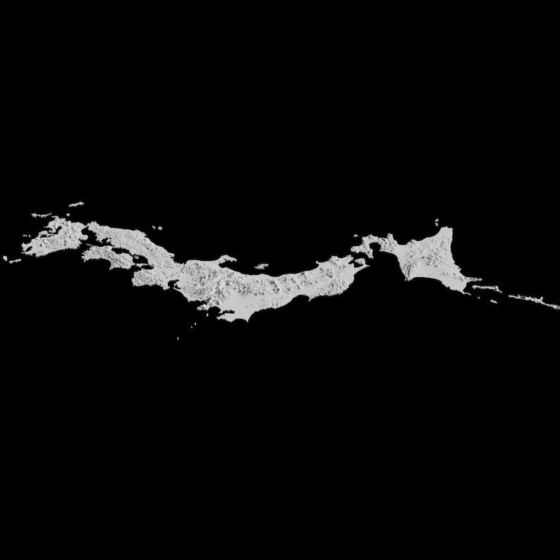 May include: A white, abstract, organic shape resembling a coastline or a flowing river. The shape is against a black background.