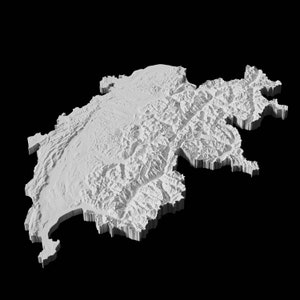 May include: A 3D topographic map of a mountainous region, rendered in shades of gray against a black background.