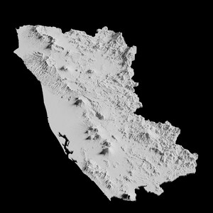 May include: A 3D rendering of a mountainous region, with peaks and valleys, rendered in shades of grey against a black background.