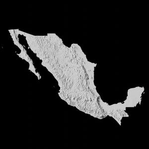 Puede incluir: Un mapa en escala de grises de M&eacute;xico, que muestra las caracter&iacute;sticas geogr&aacute;ficas y las fronteras del pa&iacute;s.