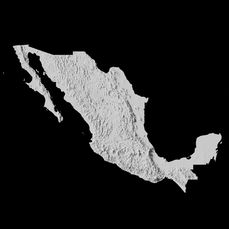 Puede incluir: Un mapa en escala de grises de M&eacute;xico, que muestra las caracter&iacute;sticas geogr&aacute;ficas y las fronteras del pa&iacute;s.