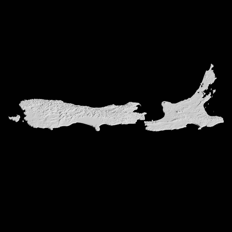 May include: A white 3D map of an island with a long, narrow shape. The island has a rugged coastline and a mountainous interior.
