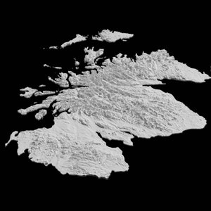 May include: A 3D rendering of a mountainous region, possibly an island or peninsula, with a white, textured surface. The terrain is rugged and features numerous peaks and valleys.
