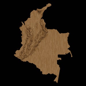 May include: A wood-textured map of Colombia, showing the country's geographical features.