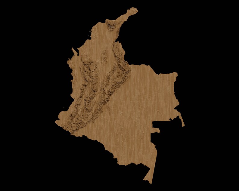 May include: A wood-textured map of Colombia, showing the country's geographical features.