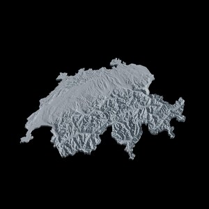 May include: A 3D topographical map of Switzerland, showing the country's mountainous terrain in shades of gray.