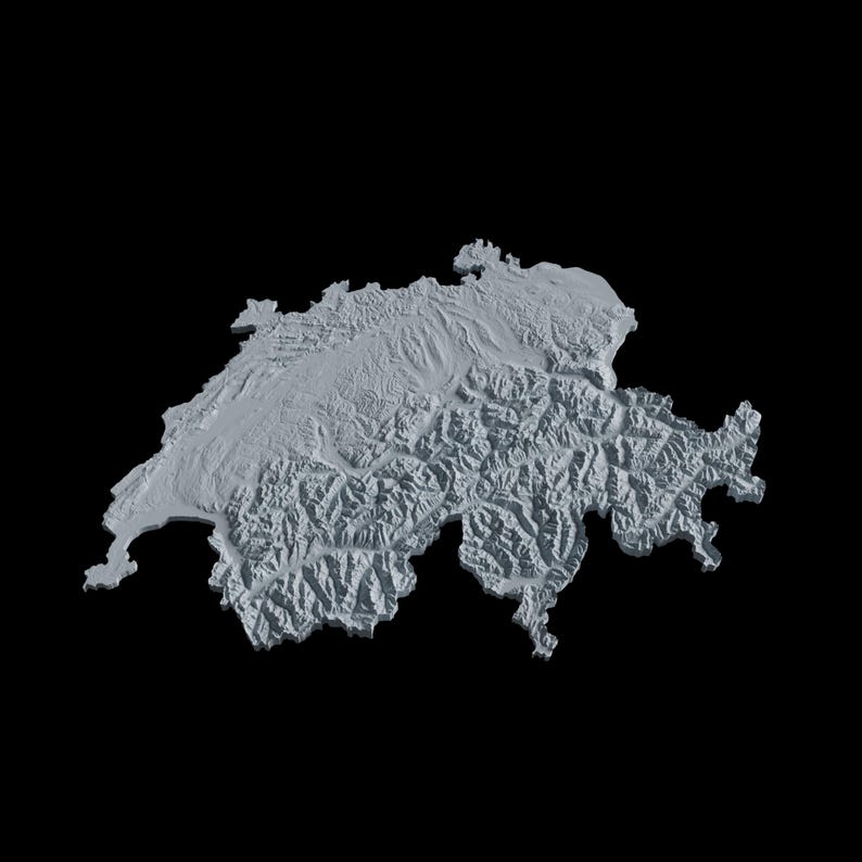 May include: A 3D topographical map of Switzerland, showing the country's mountainous terrain in shades of gray.