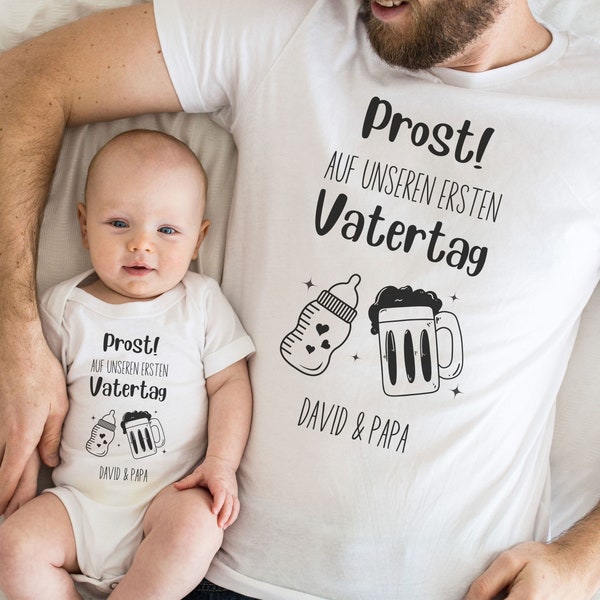 Personalisiertes Set für ersten Vatertag, Babybody und Tshirt personalisiert für Vater, Sohn oder Tochter, Partnerlook Geschenkidee für Papa