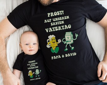 Erster Vatertag Partnerlook Geschenk für Papa, Baby, Sohn oder Tochter mit Namen, Tshirt und Babybody Geschenkidee für Papa personalisiert