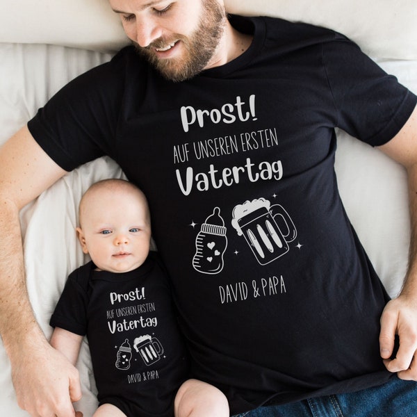 Personalisiertes Set für ersten Vatertag, Babybody und Tshirt personalisiert für Vater, Sohn oder Tochter, Partnerlook Geschenkidee für Papa