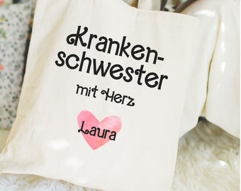 Personalisierte Jutetasche für Krankenschwester mit Name, Einkaufstasche Krankenschwester mit Herz Abschiedsgeschenk Dankeschön Geschenkidee