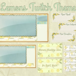 Aquarell Zitronen Twitch Theme Overlay Niedlich Gelb Beige Grün Mint Ziemlich Elegant Botanisches Livestream Paket