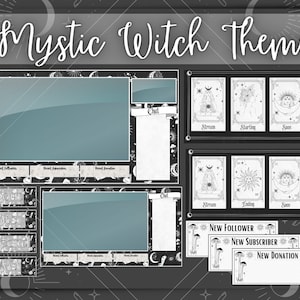 Mystic Goth Witch Twitch/Stream-paket med overlays, animerade och statiska skärmar, varningspaneler, Celestial Black-tema, ockult tarotkort