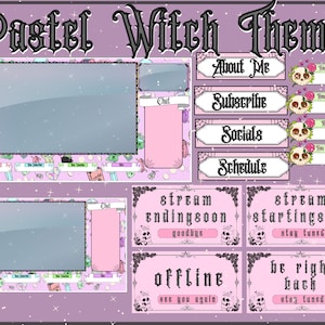 Pastel Witch Twitch Theme Stream Overlay Package With Screens Frames Panels Alerts Labels Cute Goth Affordable Pink Purple Blue Green Yellow