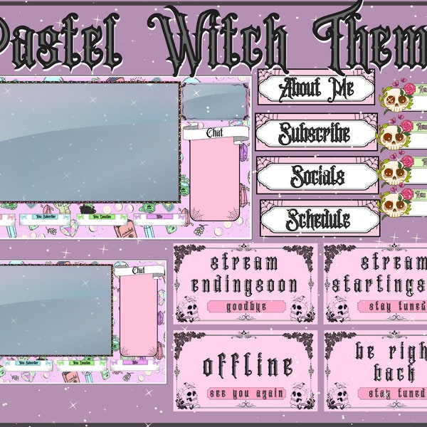 Pastel Witch Twitch Theme Stream Overlay Package With Screens Frames Panels Alerts Labels Cute Goth Affordable Pink Purple Blue Green Yellow