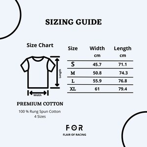 May include: Sizing guide for a t-shirt with measurements in centimeters for sizes S, M, L, and XL. The guide includes width and length measurements for each size. The text "PREMIUM COTTON 100% Rung Spun Cotton 4 Sizes" is also included.