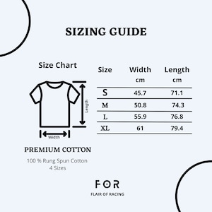 以下が含まれることがあります： Tシャツのサイズガイド。サイズはS、M、L、XLで、センチメートルで表示されています。ガイドには、各サイズの幅と長さの寸法が含まれています。"PREMIUM COTTON 100% Rung Spun Cotton 4 Sizes"というテキストも含まれています。