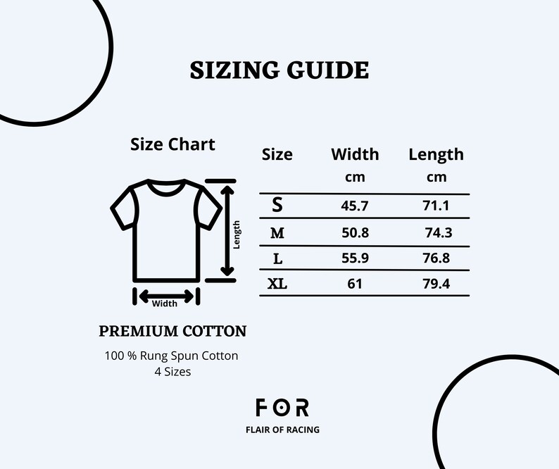 以下が含まれることがあります： Tシャツのサイズガイド。サイズはS、M、L、XLで、センチメートルで表示されています。ガイドには、各サイズの幅と長さの寸法が含まれています。"PREMIUM COTTON 100% Rung Spun Cotton 4 Sizes"というテキストも含まれています。
