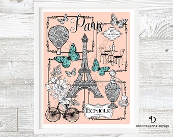 Retro Paris Art Print: Eiffel Tower, Paisley, 60s Style