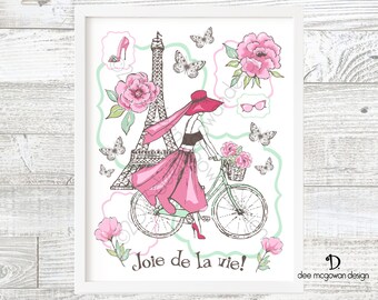 Paris Bicycle Girl Art Print: Mid-Century Modern Eiffel Tower Illustration