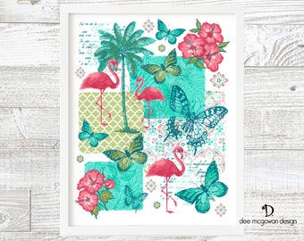 Flamingo Collage Art Print: Tropical Hibiscus, Butterflies, Coastal Decor