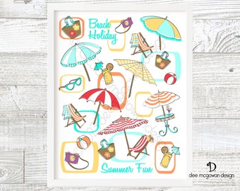 Beach Umbrellas Art Print: Mid Century Modern 60s Style