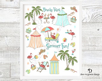 Flamingo Beach Art Print: Retro Mid-Century Modern Tropical Design