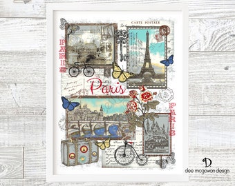Retro Paris Postcards Art Print: Eiffel Tower, Bicycles, Stamps