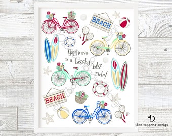 Retro Beach Bikes Art Print: 60s Style Surfboards Coastal Wall Decor