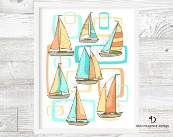 Mid Century Modern Sailboats Art Print: Retro Coastal Decor