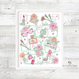 Paris Beauty Art Print - Fashion Mid Century Modern Design and Colors Makeup Perfume Accessories Roses Feminine Boudoir French Decor