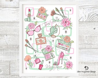 Paris Beauty Art Print: Mid Century Modern Fashion, Makeup, Roses