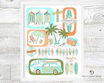 Mid Century Modern Beach Art Print: Retro Surf Decor