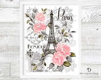 Eiffel Tower Roses Art Print: Vintage Paris Decor