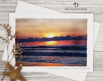 Sunrise Beach Birthday Card: Coastal Watercolor, Personalized Message