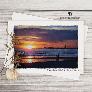 Twas Beautiful - Sunset Anniversary Card - Mixed Media Watercolor Handmade Front/Inside Message Beach Seascape Love Husband Wife Personalize