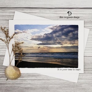 Soar - Sunrise Birthday Card - Mixed Media Watercolor Handmade Front/Inside Message Beach Seascape Coastal Love Inspirational Personalize